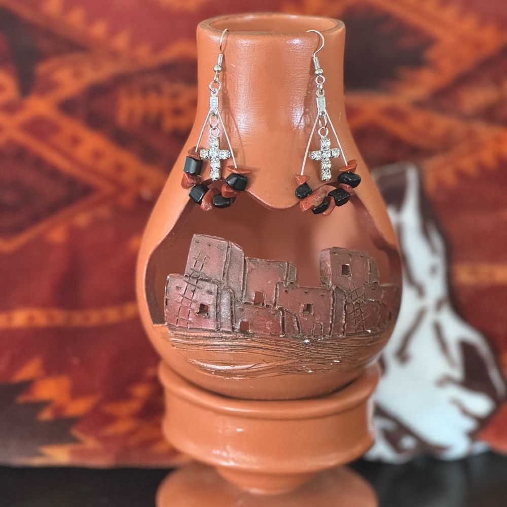 Elegant Black and Brown Beaded Cross Earrings